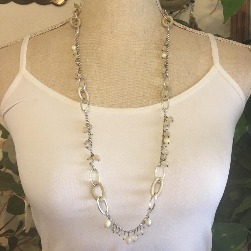 Beaded silver tone link long length necklace